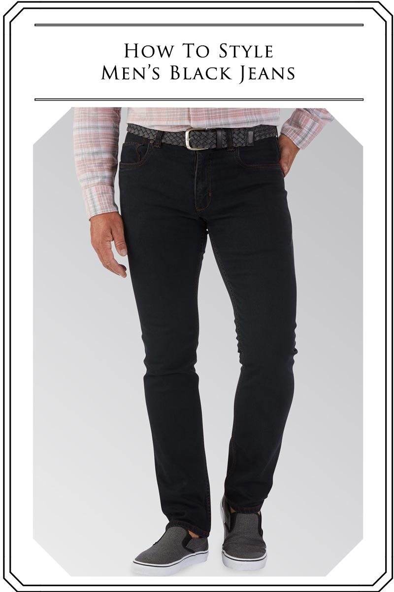 Man in black jeans with text "How to Style Men's Black Jeans"