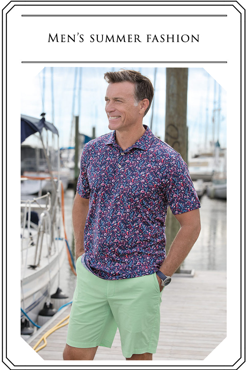 Man in shorts and short sleeve polo with text "Men's Summer Fashion"