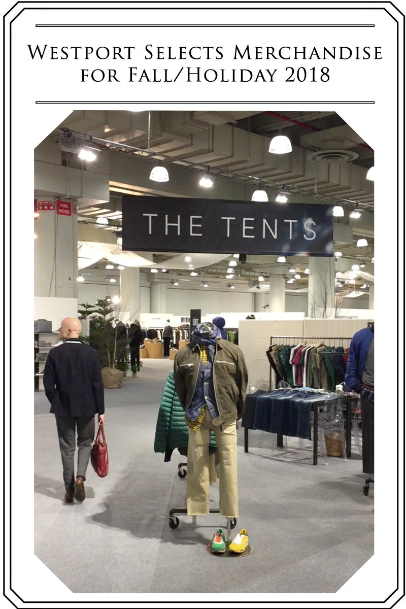 Image of a clothing merchandise showroom with text "Westport Selects Merchandise for Fall/Holiday 2018", Men's Big & Tall