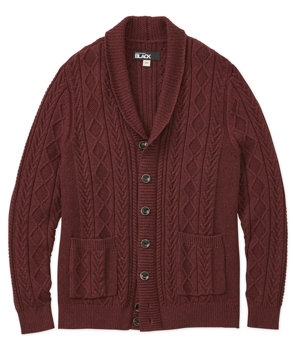 Westport Black Shawl Collar Cable Cardigan Sweater, Big & Tall