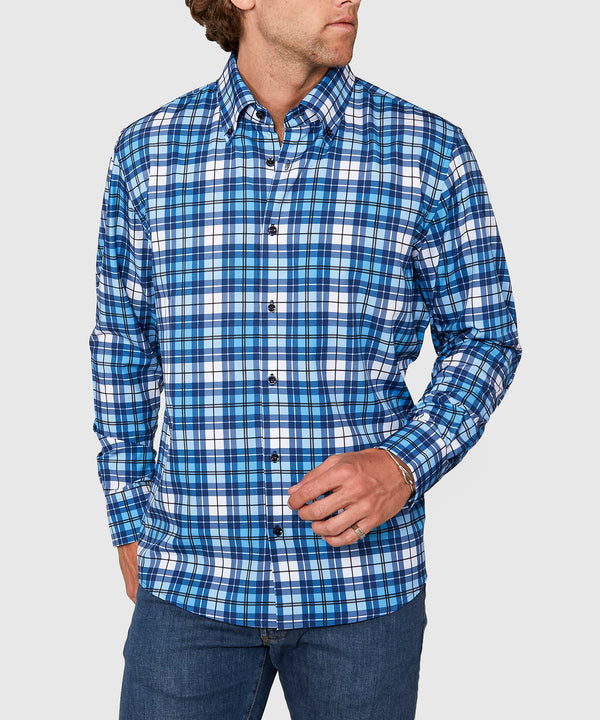 Men's Big & Tall Westport No-Tuck Long Sleeve Button Down Collar Plaid Stretch Performance Sport Shirt Light Blue / 3XB