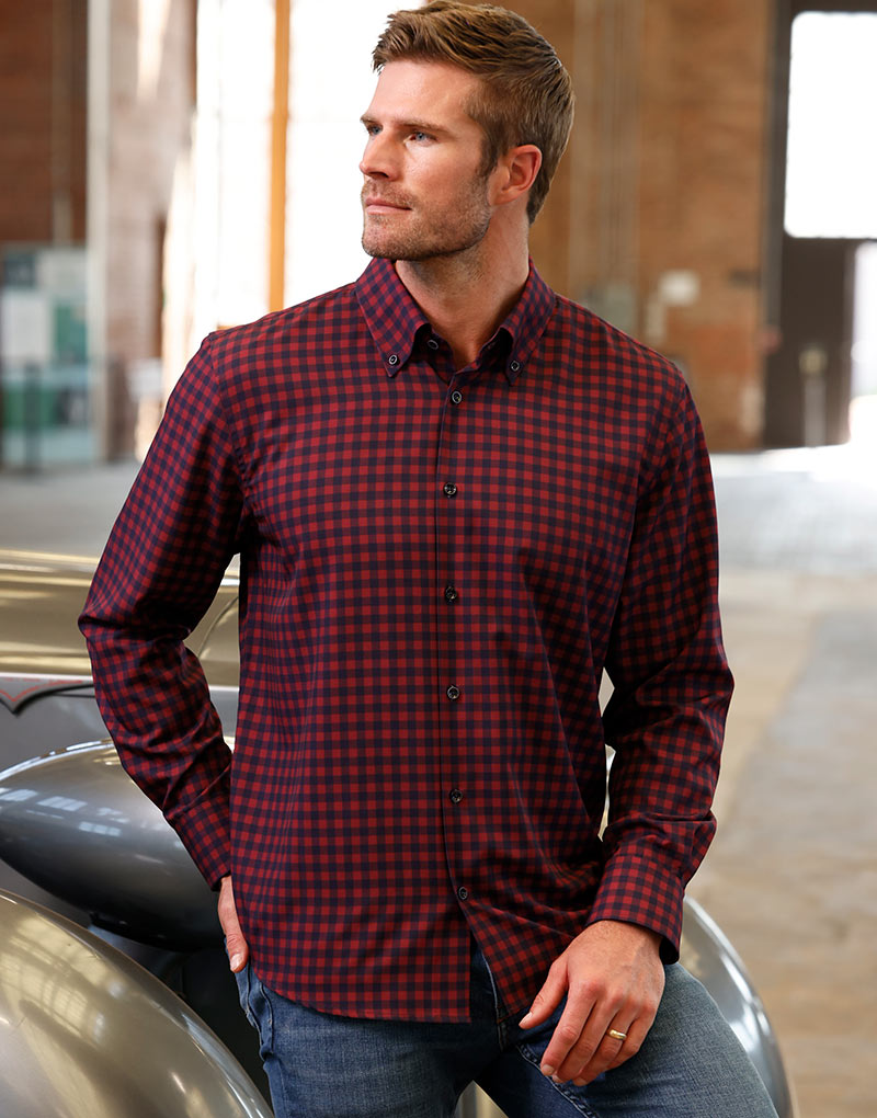 Male model wearing Westport No-Tuck Long Sleeve Button Under Collar Plaid Stretch Performance Sport Shirt, Men's Big & Tall