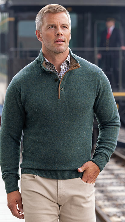 Male model wearing Westport Black Benson Donegal Button Mock Sweater, Men's Big & Tall
