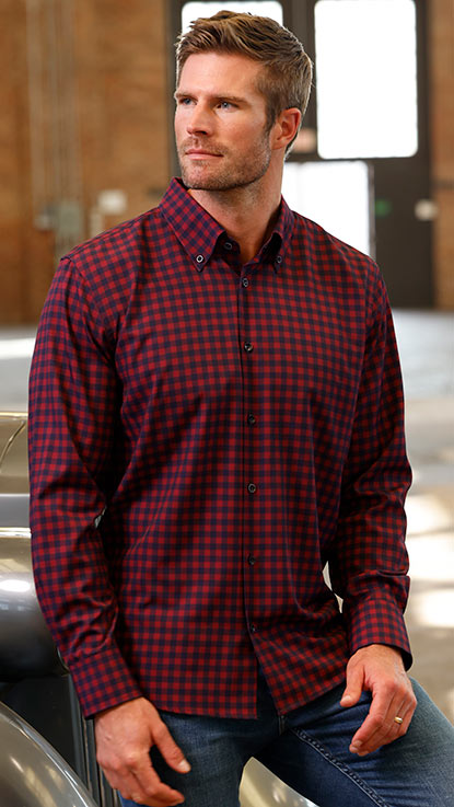 Male model wearing Westport No-Tuck Long Sleeve Button Down Collar Gingham Stretch Performance Sport Shirt, Men's Big & Tall