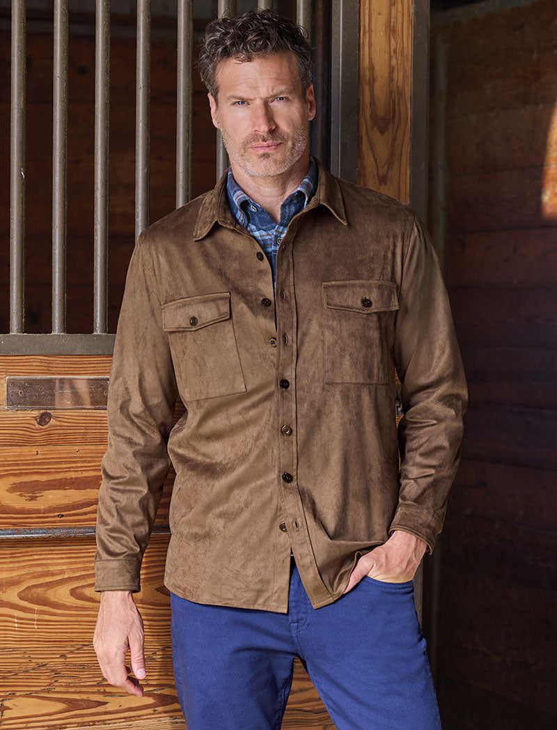 Male model wearing Westport Lifestyle Long Sleeve Timberline Ultra Suede Overshirt