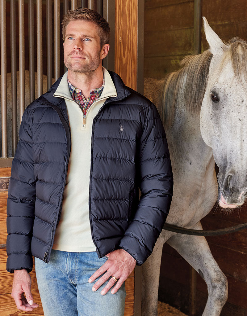 Male model wearing Polo Ralph Lauren Packable Puffer Jacket