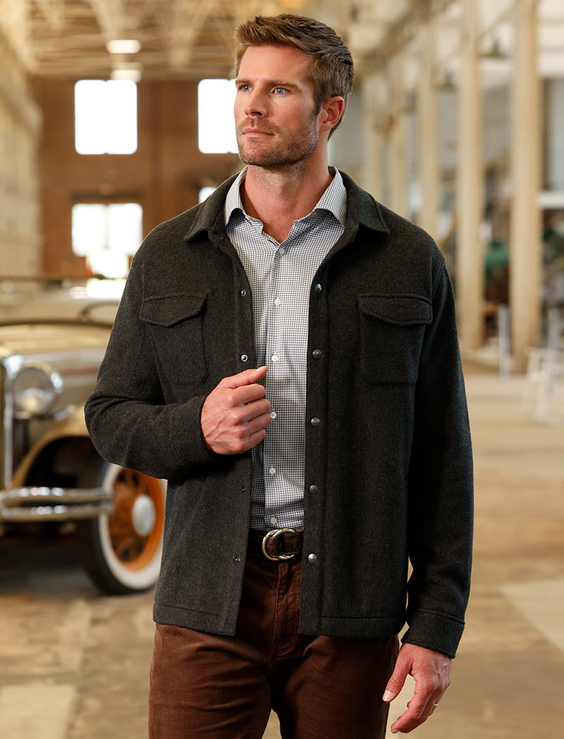 Male model wearing Peter Millar Crown Flex Merino Wool Shirt Jacket, Men's Big & Tall