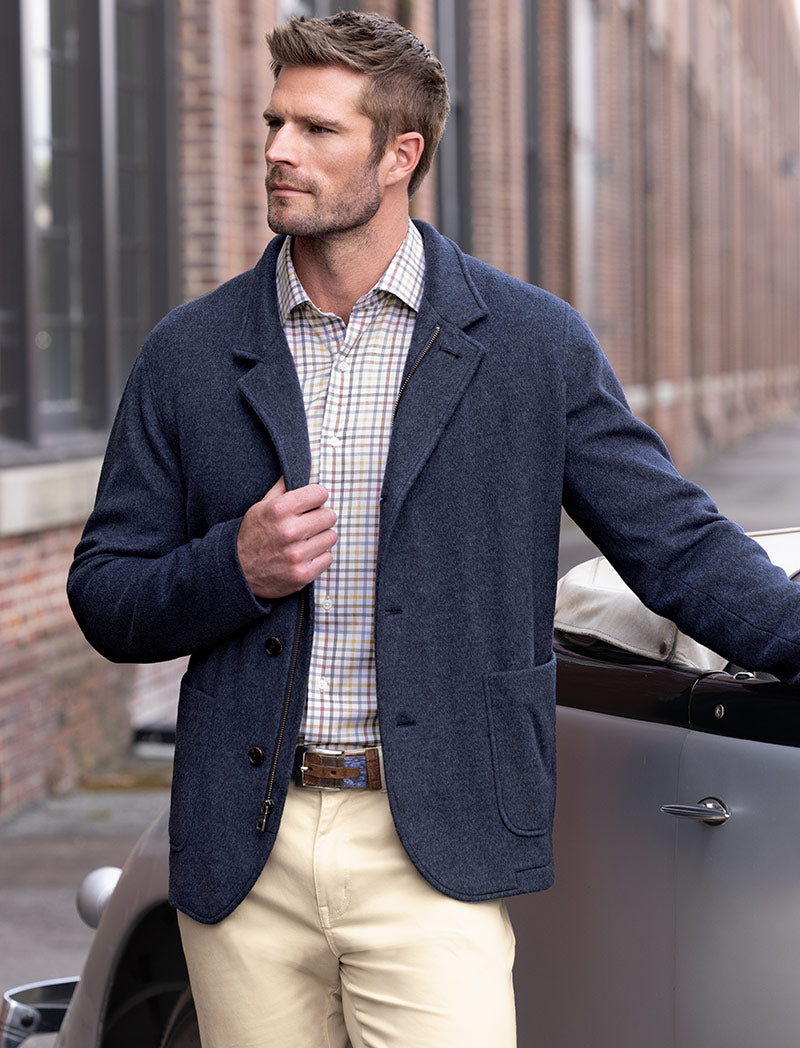 Male model wearing Peter Millar Crown Flex Merino Wool Blazer, Men's Big & Tall