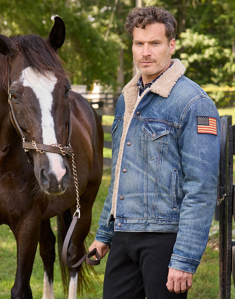 Male model wearing Polo Ralph Lauren Denim Trucker Jacket