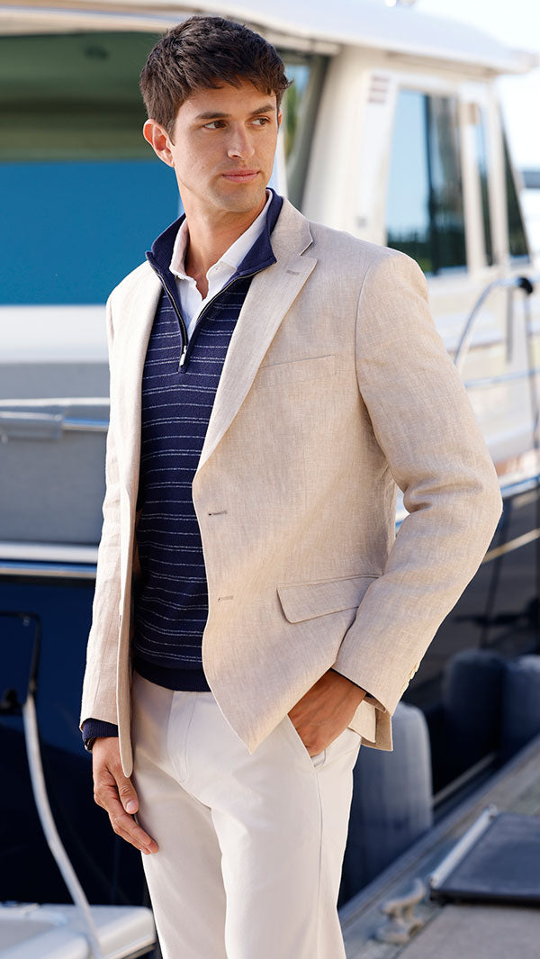 Male model wearing Peter Millar Saratoga Stripe Quarter Zip Sweater