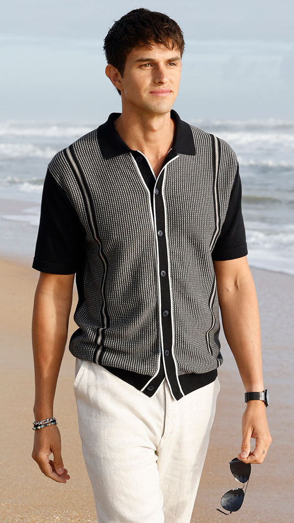 Male model wearing Westport Black Short Sleeve Como Button Front Polo