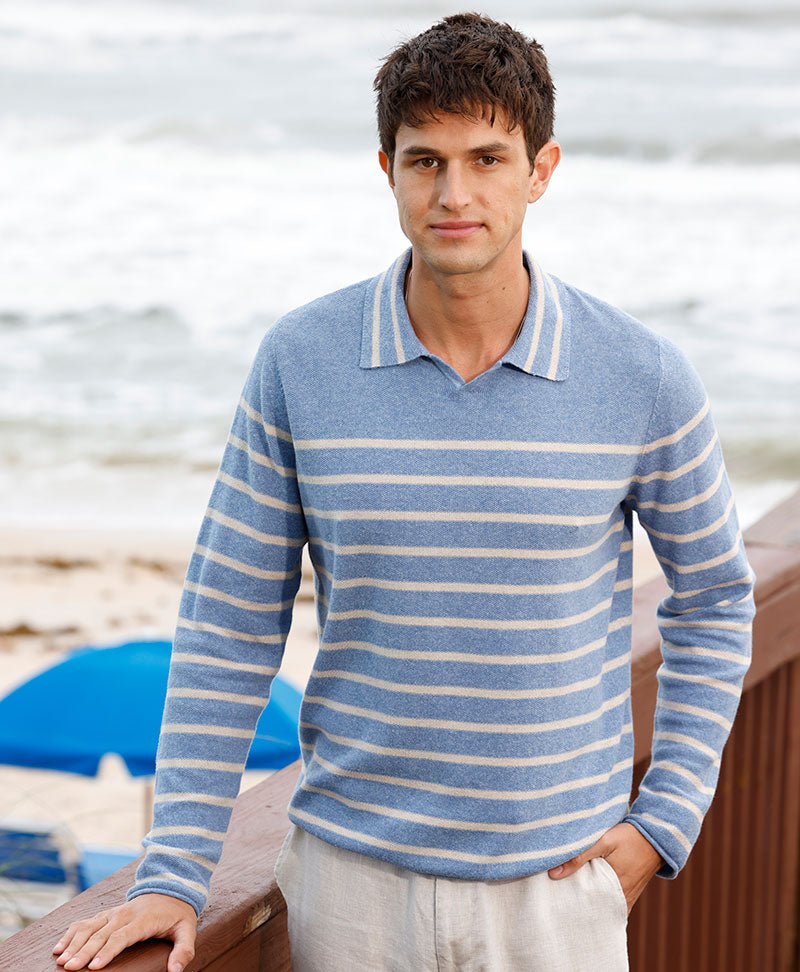 Male model wearing Westport Black Aruba Linen Blend V-Neck Polo