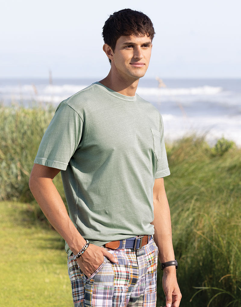 Male model wearing Westport Lifestyle Short Sleeve Sunwashed Crew Neck Pocket T-Shirt