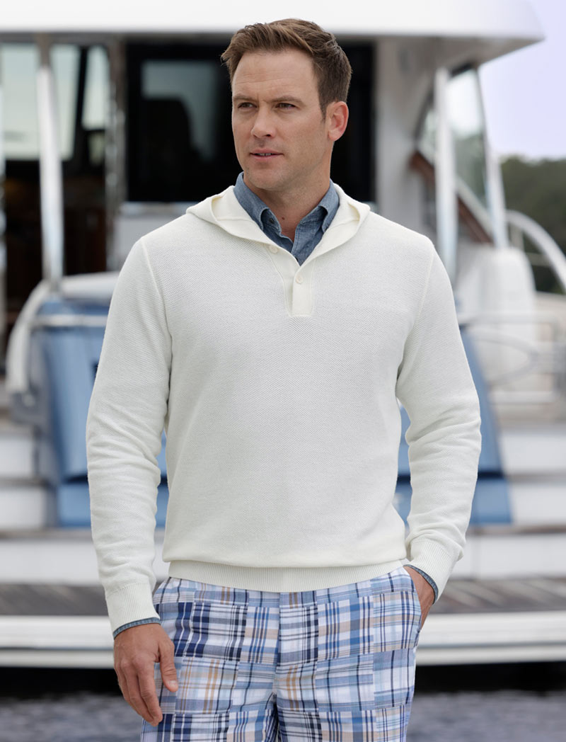 Male model wearing Peter Millar Long Sleeve Hickory Henley Hoodie Pullover, Men's Big & Tall