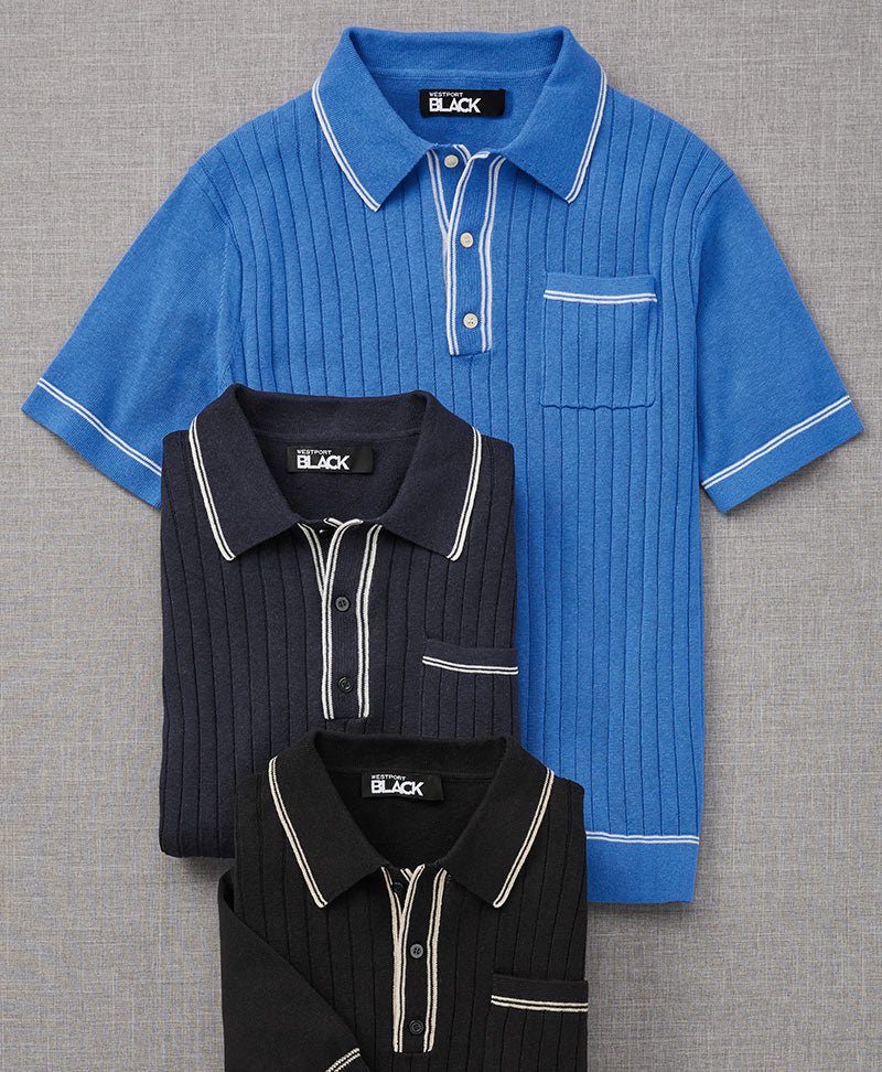 Westport Black Short Sleeve Amici Ribbed Knit Polo Knit Shirt