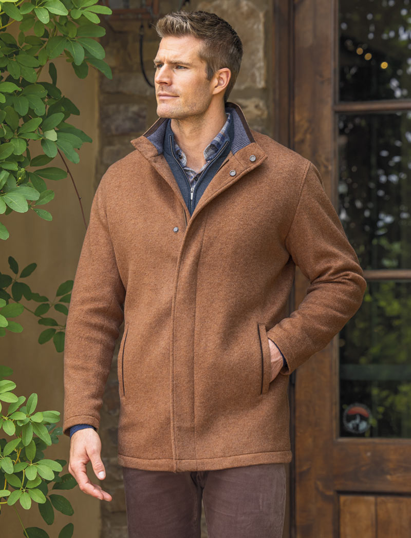 Male model wearing Peter Millar Fleece City Coat
