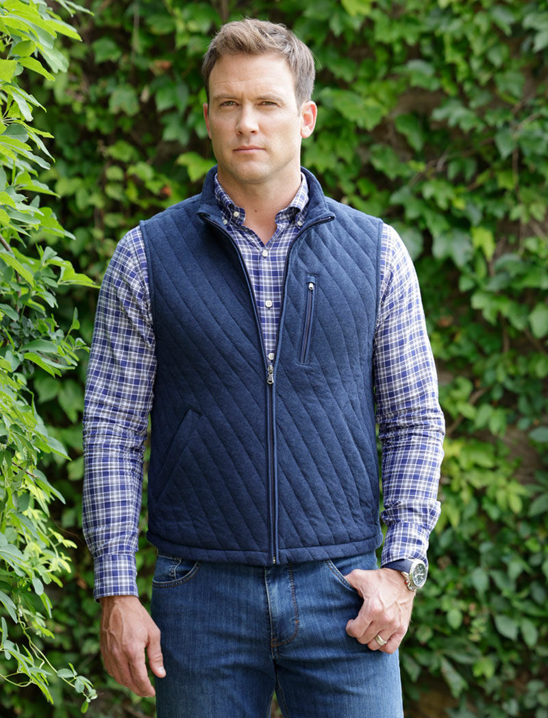Male model wearing Westport Lifestyle Full Zip Quilted Knit Vest