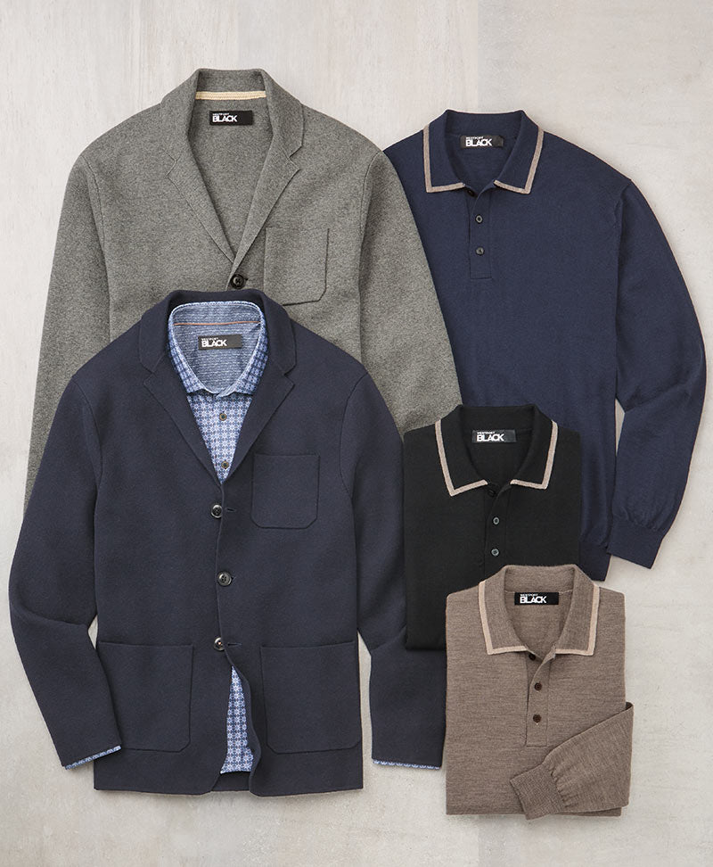 Knit blazers, sport shirts and polo shirts laid on a flat surface