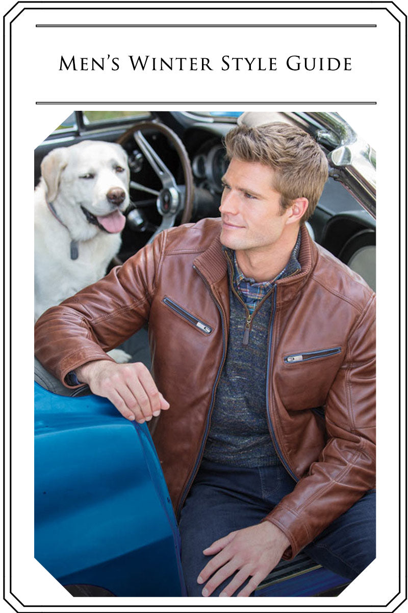 Image of man in convertible car wearing leather coat with text "Men's Winter Style Guide"