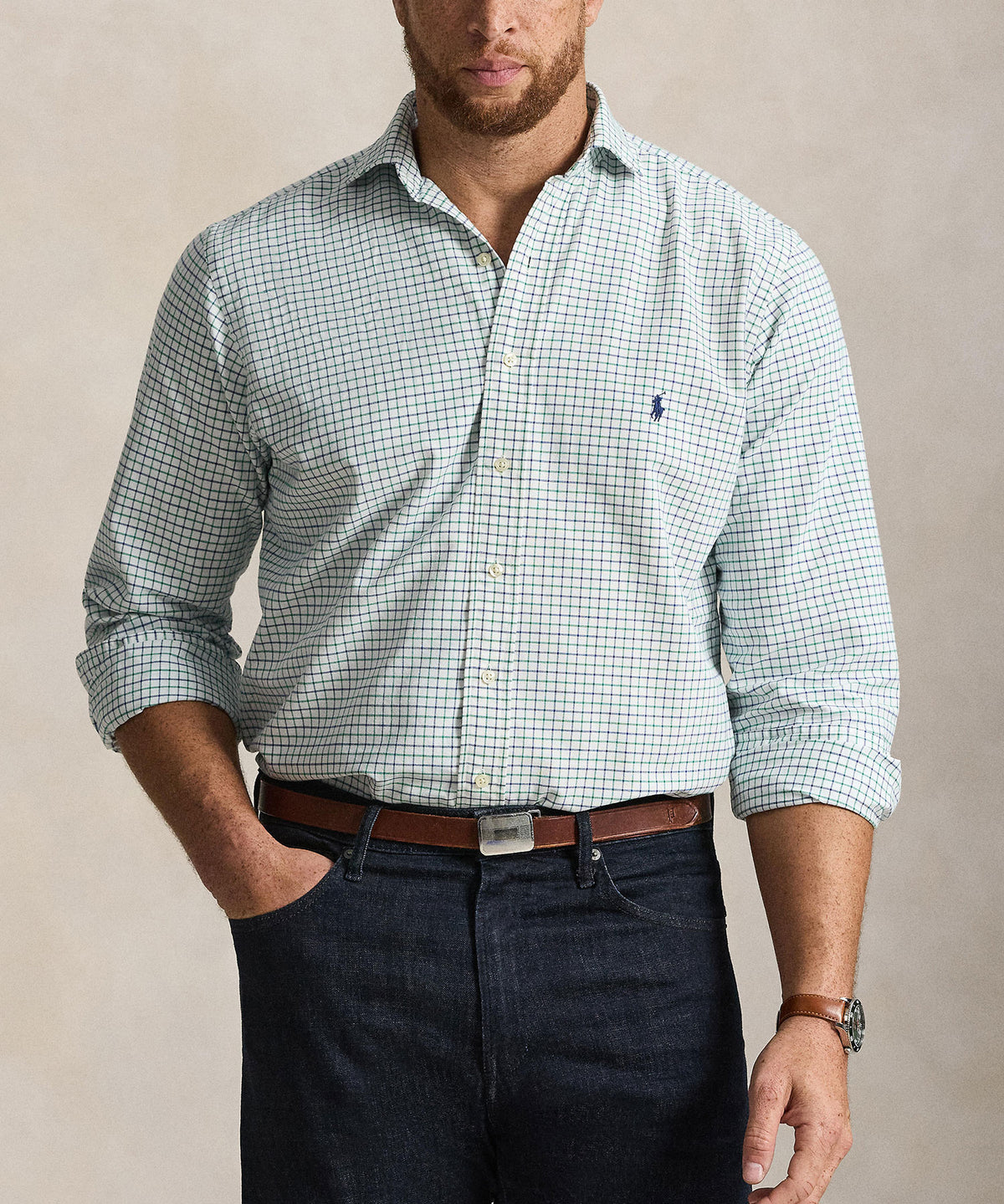 Polo Ralph Lauren Long-Sleeve Oxford Shirt - White/Green, Men's Big & Tall
