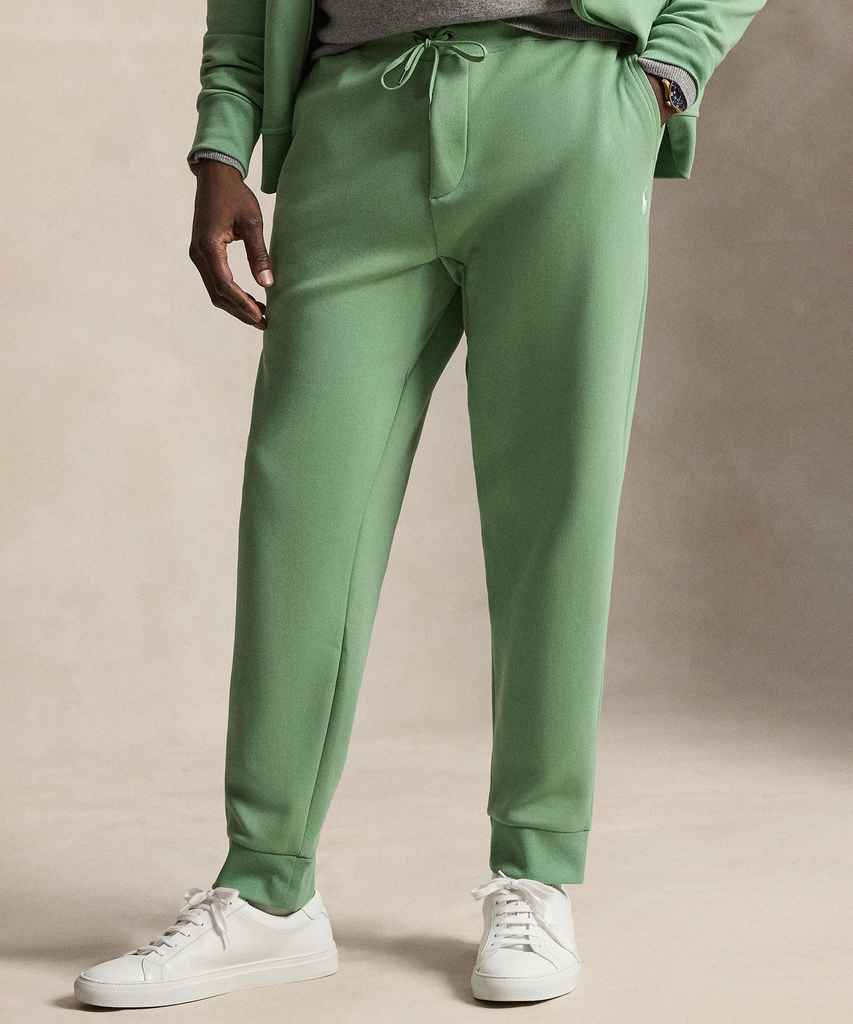 Polo Ralph Lauren double-knit jogger pants, green on-model with drawstring waist and cuffed hems - Outback Green, Men's Big & Tall