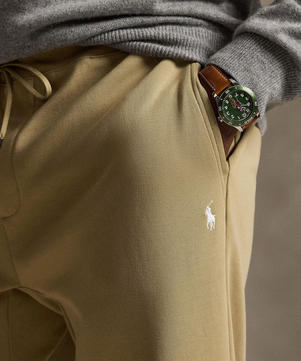 Polo Ralph Lauren double-knit jogger pants, tan close-up of logo and drawstring waist - Surrey Tan, Men's Big & Tall