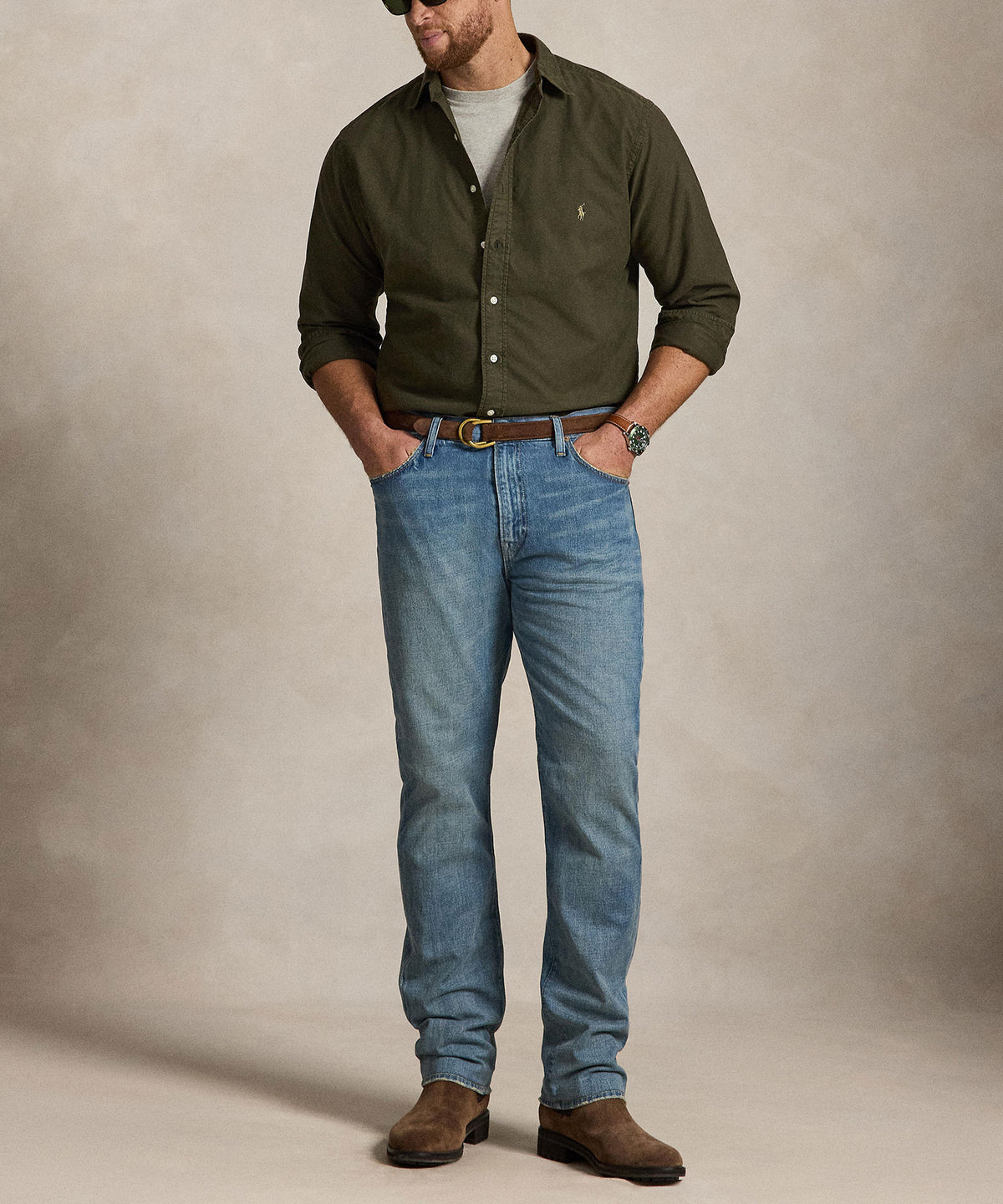 Polo Ralph Lauren Long Sleeve Garment Dyed Oxford Sport Shirt - Company Olive, Men's Big & Tall