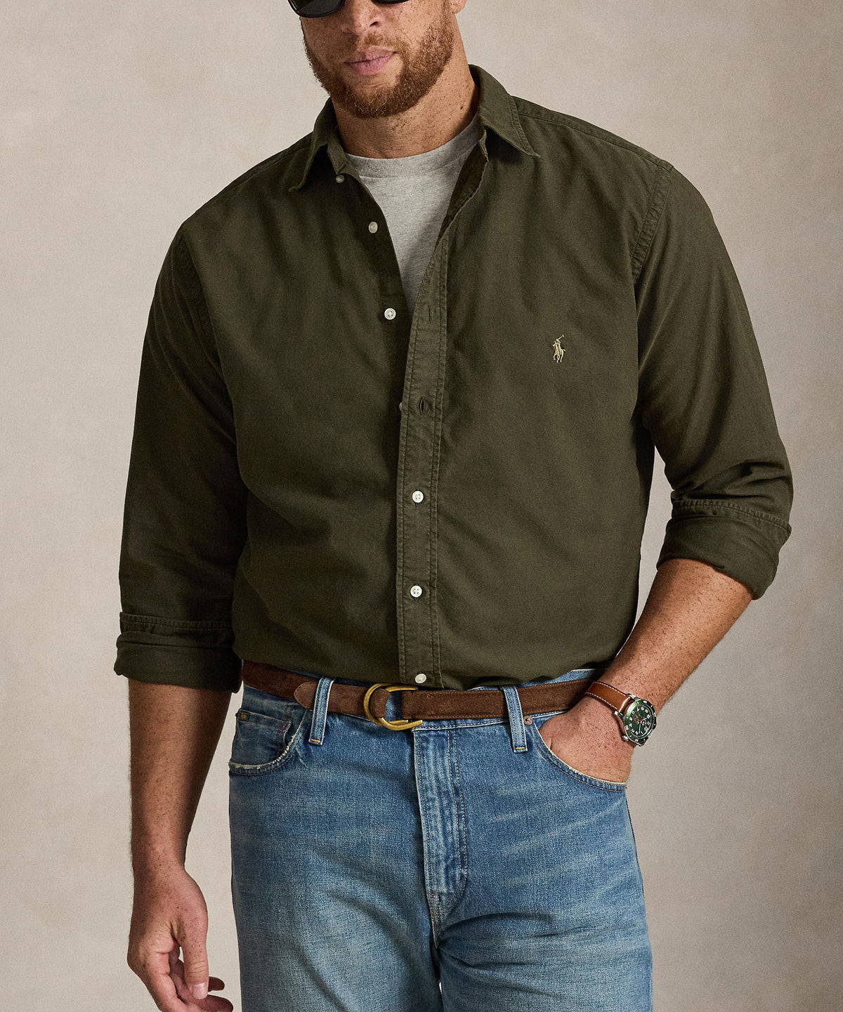 Polo Ralph Lauren Long Sleeve Garment Dyed Oxford Sport Shirt - Company Olive, Men's Big & Tall