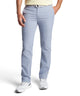 Light blue performance pant worn with belt loops and tapered leg