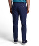 Men's navy performance dress pants with belt loops and button closure