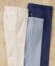 Assorted performance pants in neutral and navy tones, folded side by side