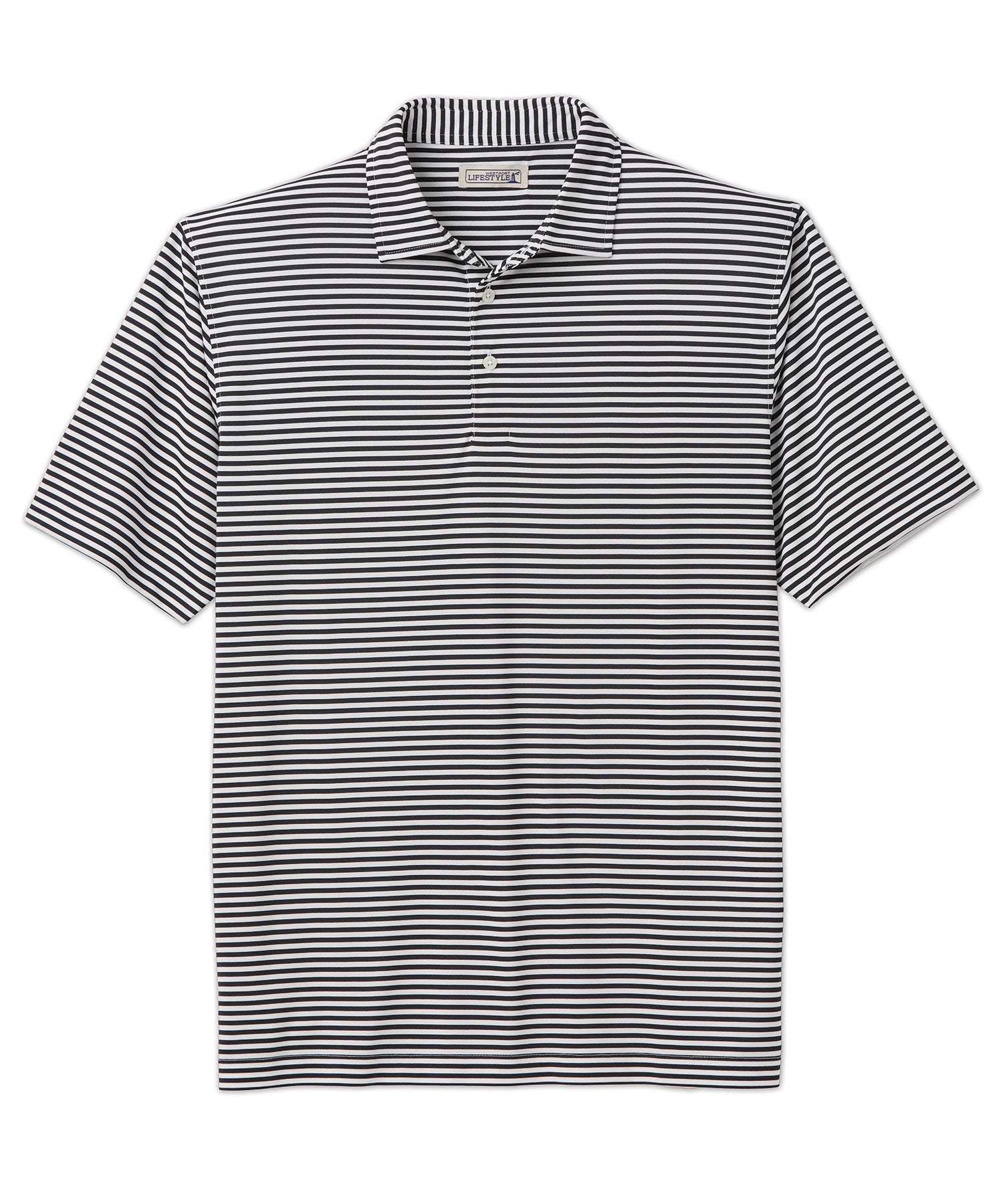 White and black store striped polo shirt