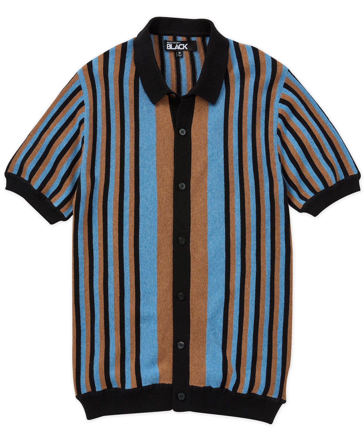 Westport Black Short Sleeve Cabana Stripe Button Front Knit, Men's Big & Tall