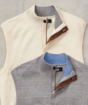 Westport Black Linen-Rich Quarter Zip Button Mock Pullover Vest
