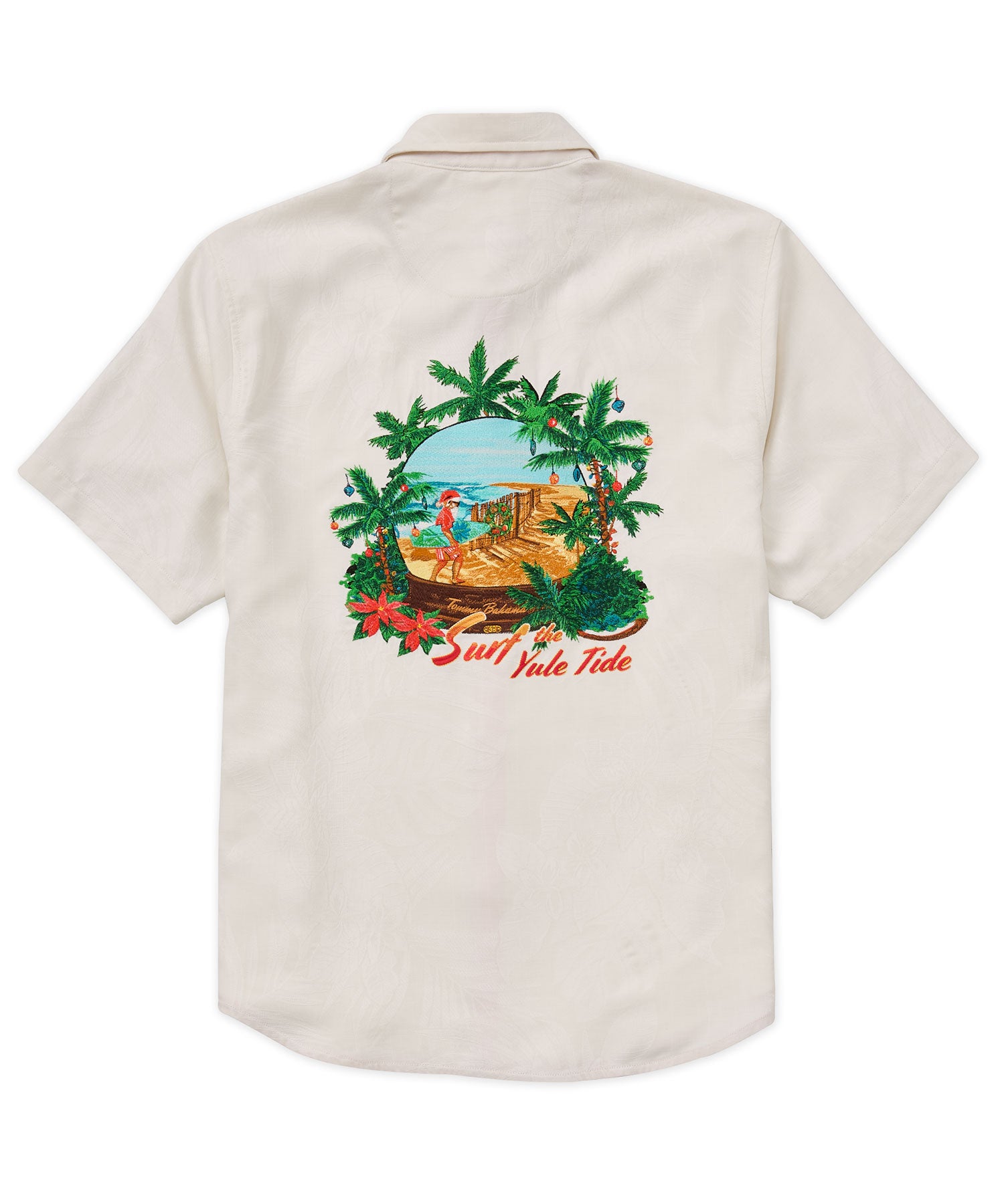 Tommy Bahama Big Tall Embroidered Surf The Yule Tide Short Sleeve Silk Shirt Mens XLT Continental