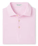 Pink geo-print mesh polo shirt with short sleeves, button placket, and pointed collar. - Pink Vale