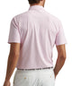 Pink geo-print mesh polo shirt back view with short sleeves and collar.