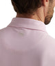 Pink geo-print mesh polo collar and upper back detail with short sleeves.