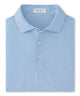 Sailor blue geo-print mesh polo shirt with short sleeves, button placket, and pointed collar.