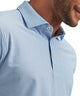 Sailor blue geo-print mesh polo collar with short sleeves and button placket detail.
