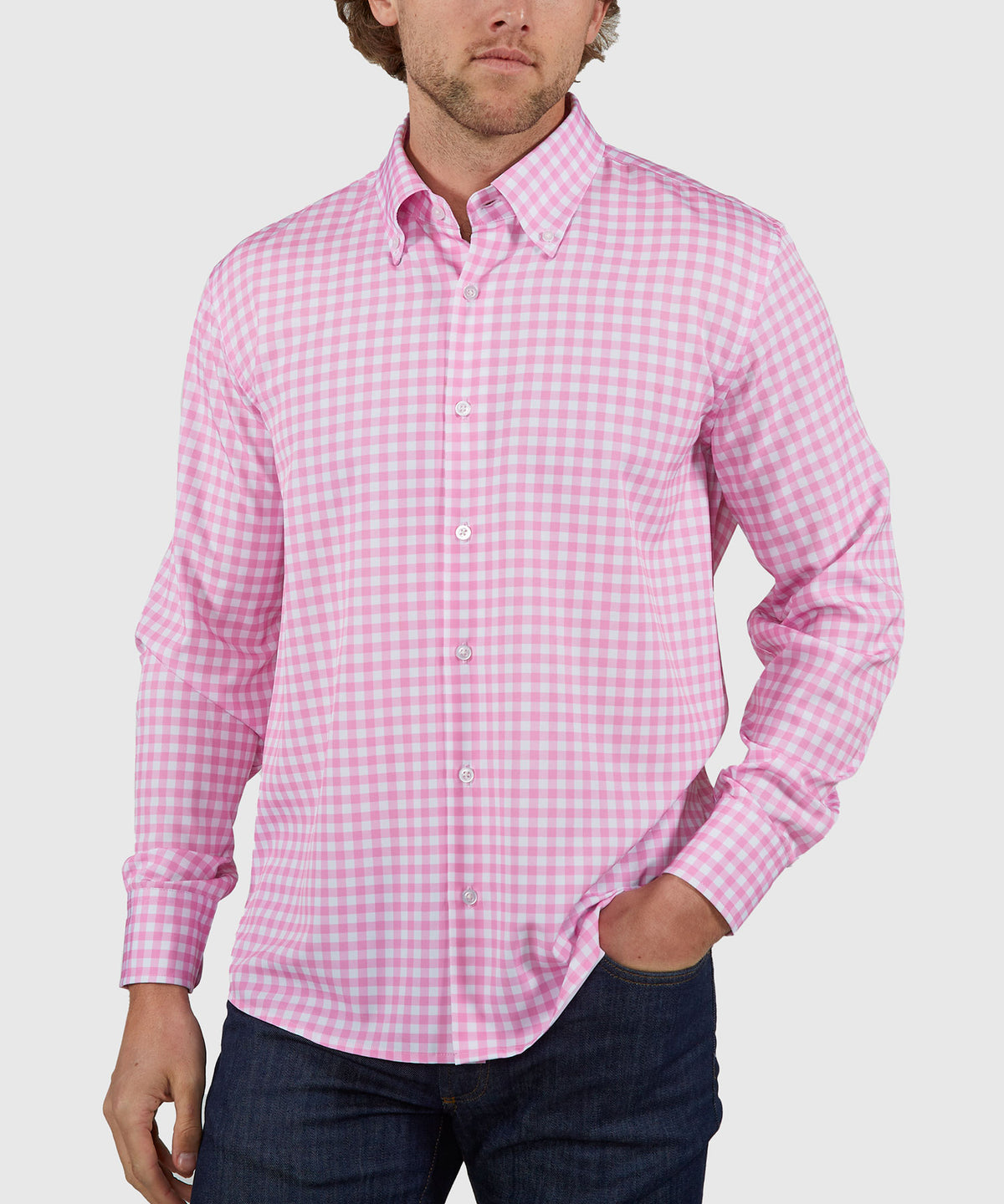 Westport No-Tuck Long Sleeve Button Down Collar Stretch Performance Gingham Sport Shirt, Men's Big & Tall
