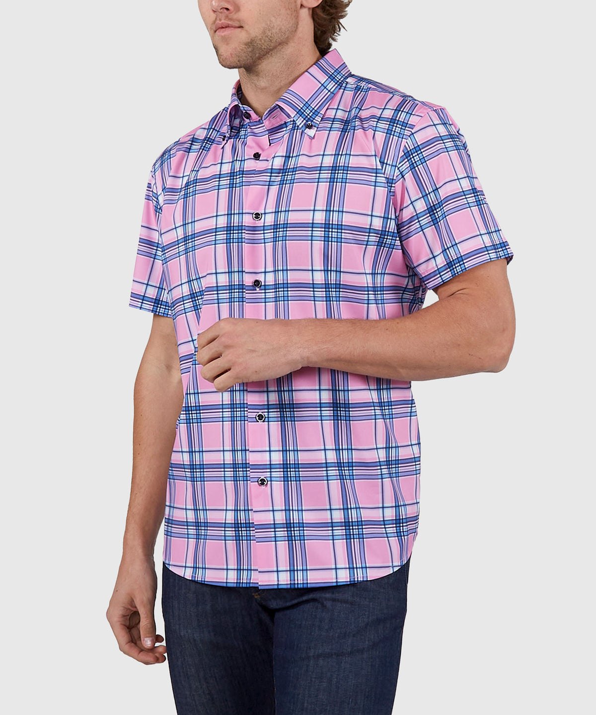 Westport No-Tuck Short Sleeve Button Down Collar Stretch Performance Plaid Sport Shirt, Men's Big & Tall