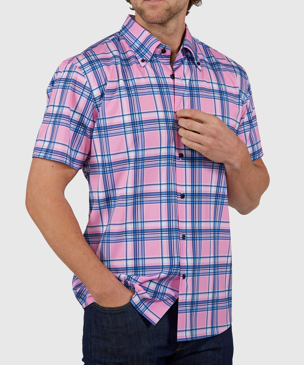 Westport No-Tuck Short Sleeve Button Down Collar Stretch Performance Plaid Sport Shirt, Men's Big & Tall