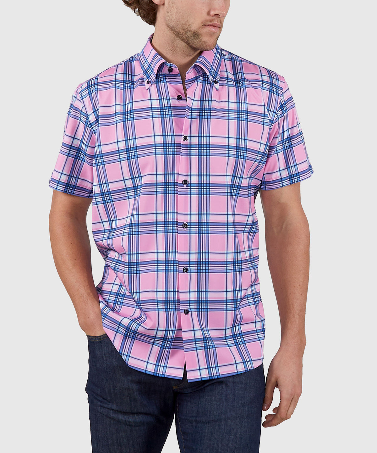 Westport No-Tuck Short Sleeve Button Down Collar Stretch Performance Plaid Sport Shirt, Men's Big & Tall