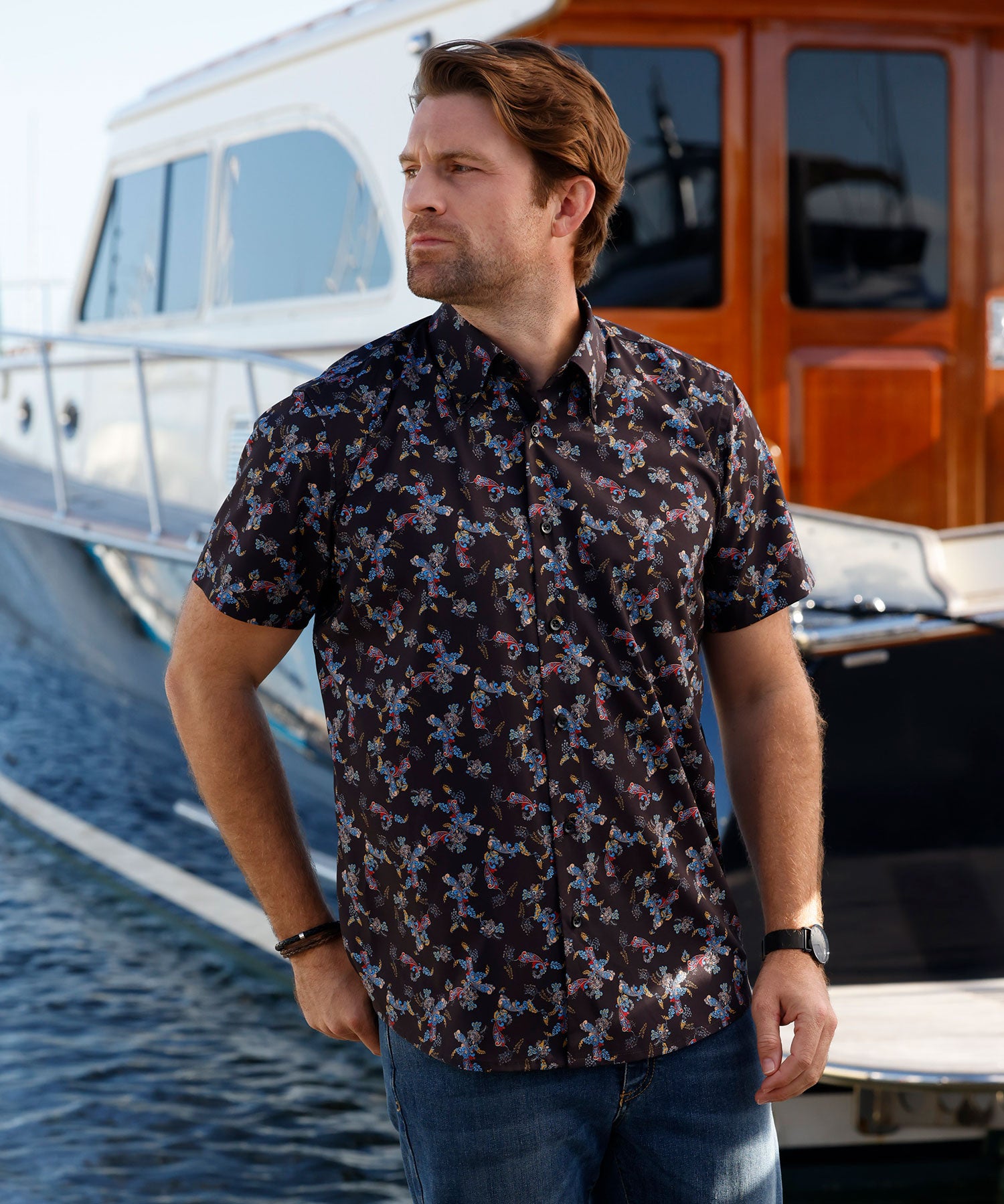 short sleeve dress shirt tucked in Quattro Flex Short Sleeve Button Down Black S / Black