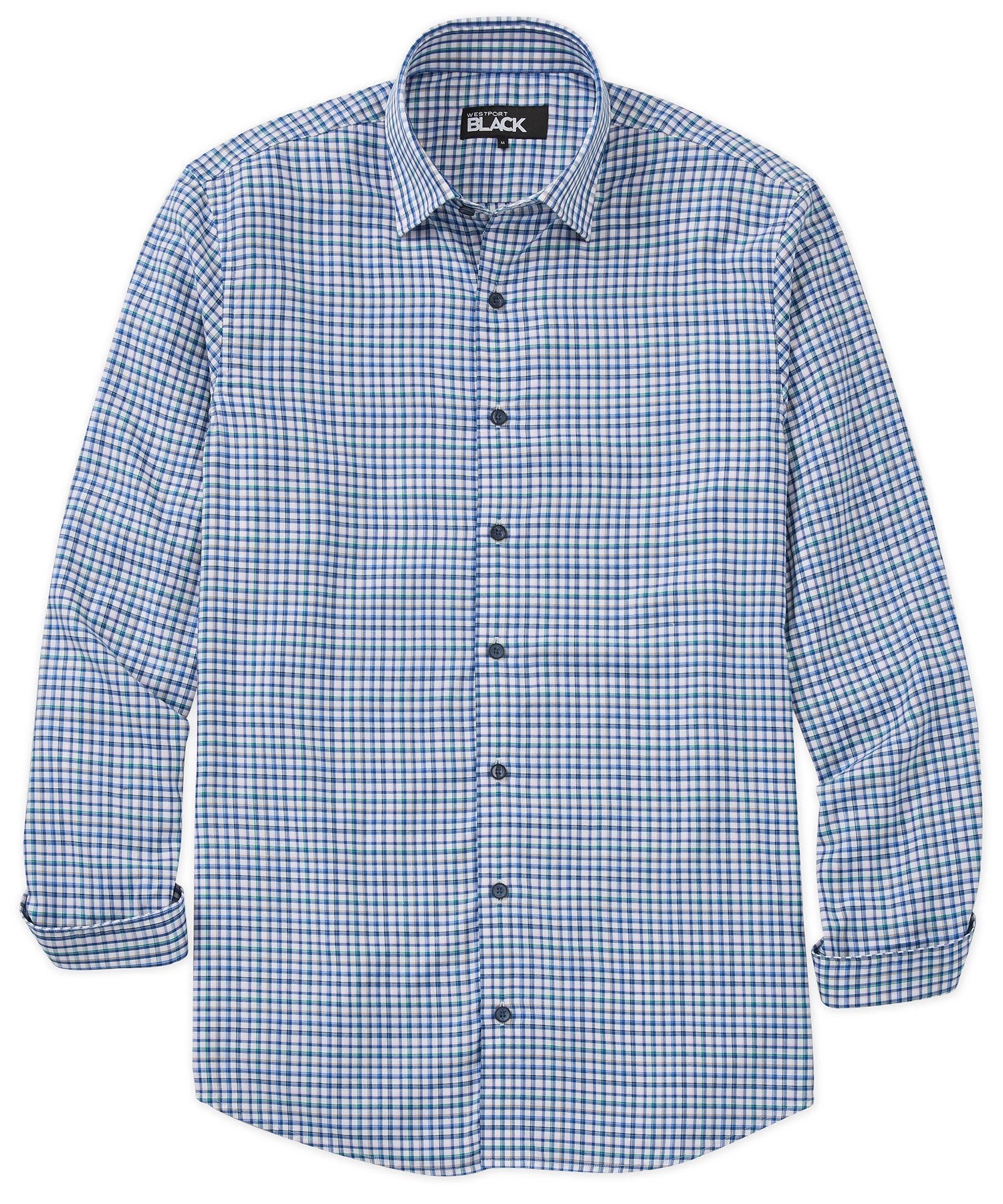 Westport Black Long Sleeve Semi Spread Button Under Plaid Collar Sport Shirt