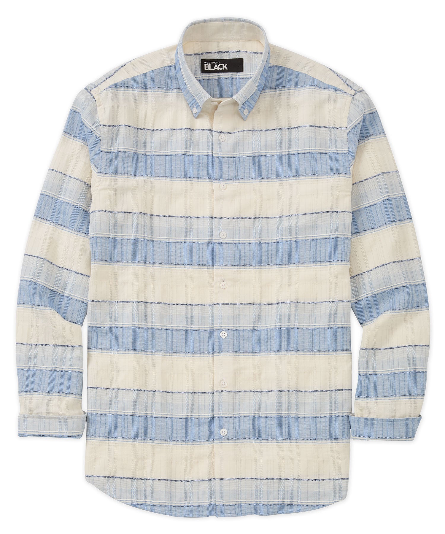 Westport Black Long Sleeve Indigo-Washed Striped Cotton-Linen Sport Shirt, Men's Big & Tall