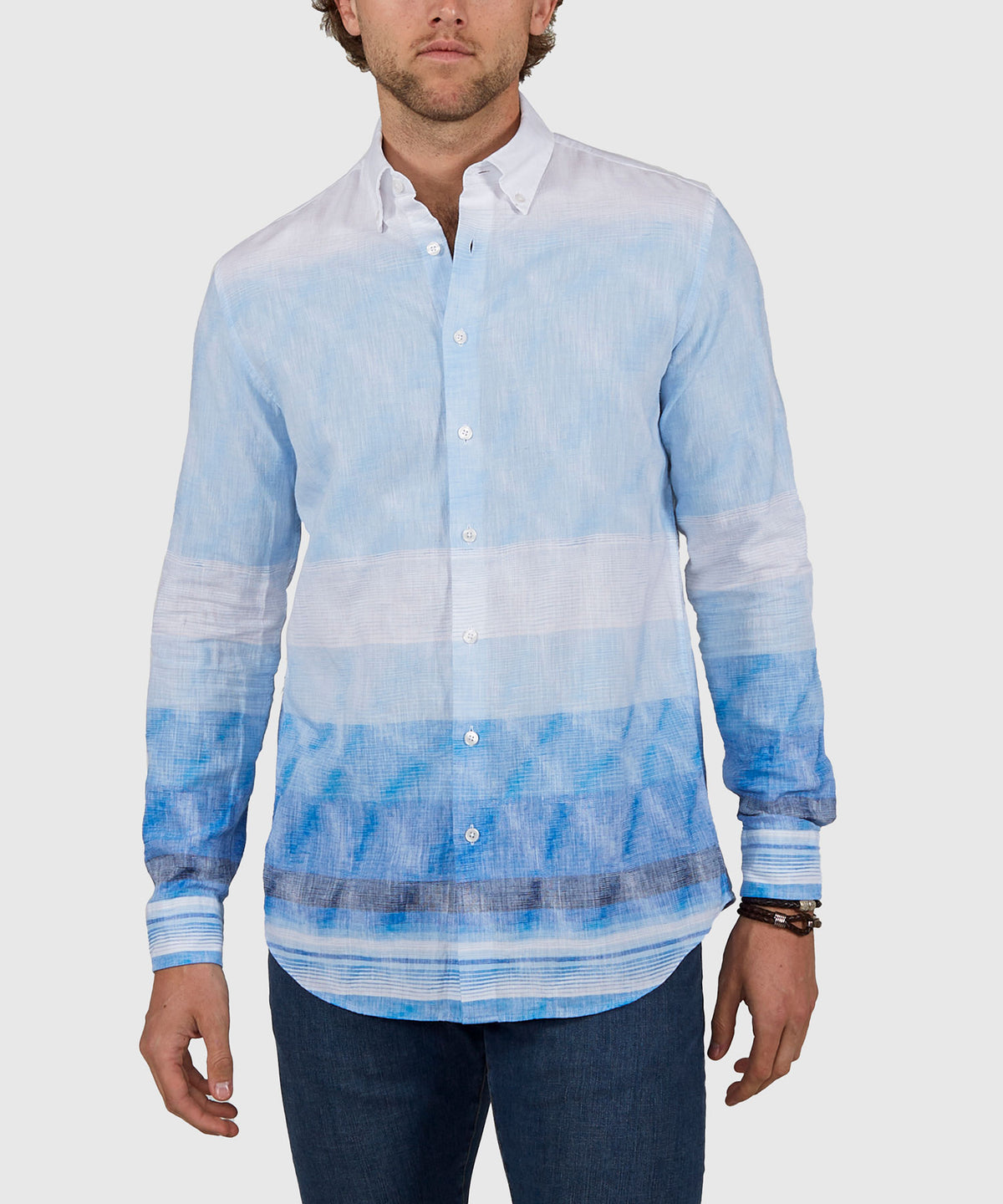 Westport Black Long Sleeve Button Down Collar Printed Cotton-Linen Sport Shirt, Men's Big & Tall