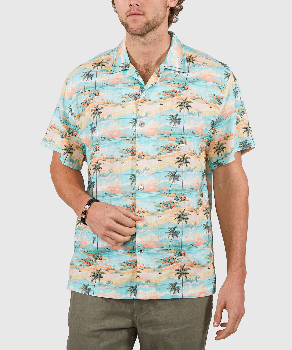 Westport Black Beach Print Short Sleeve Linen Camp Shirt, Men's Big & Tall