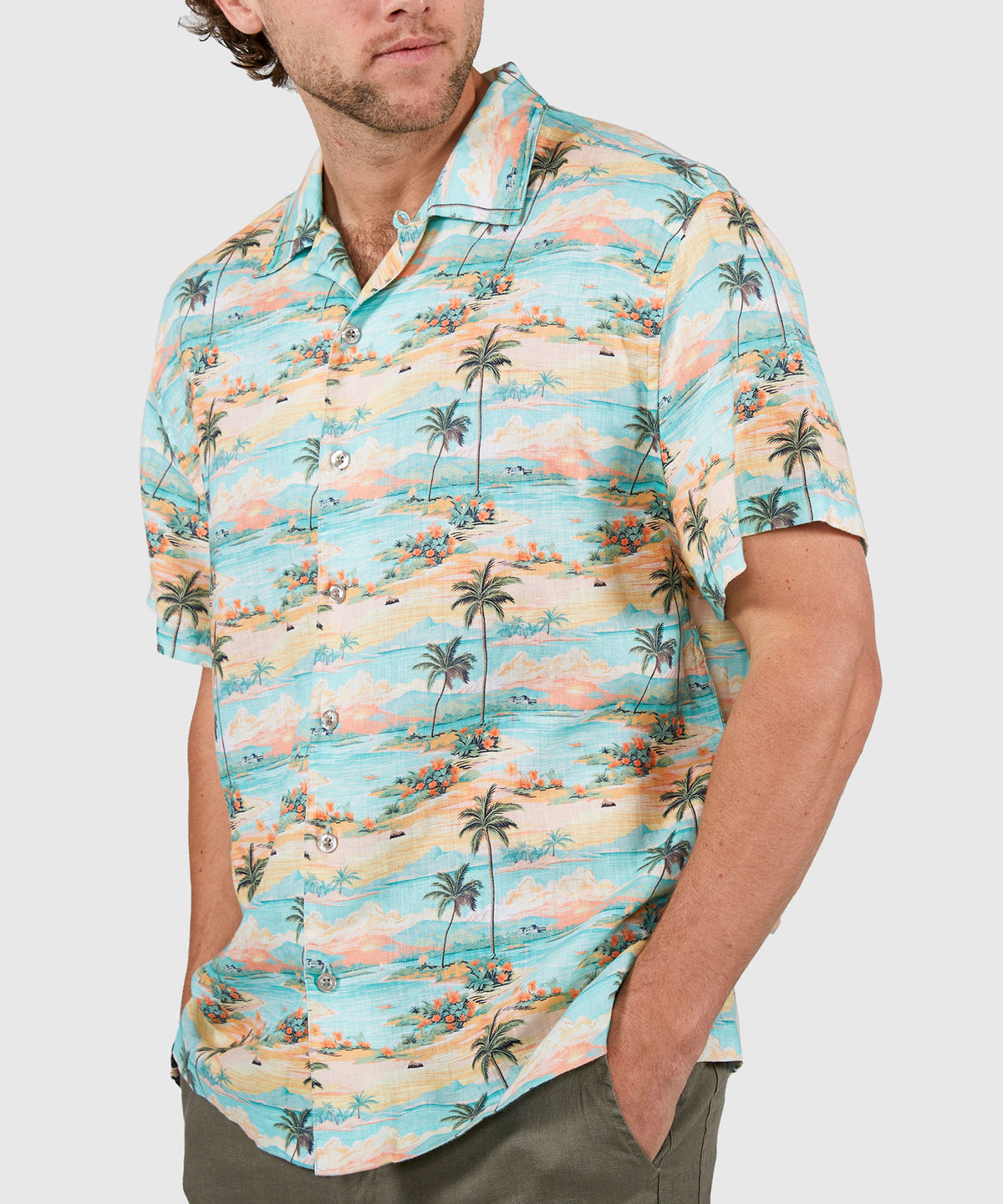 Westport Black Beach Print Short Sleeve Linen Camp Shirt, Men's Big & Tall